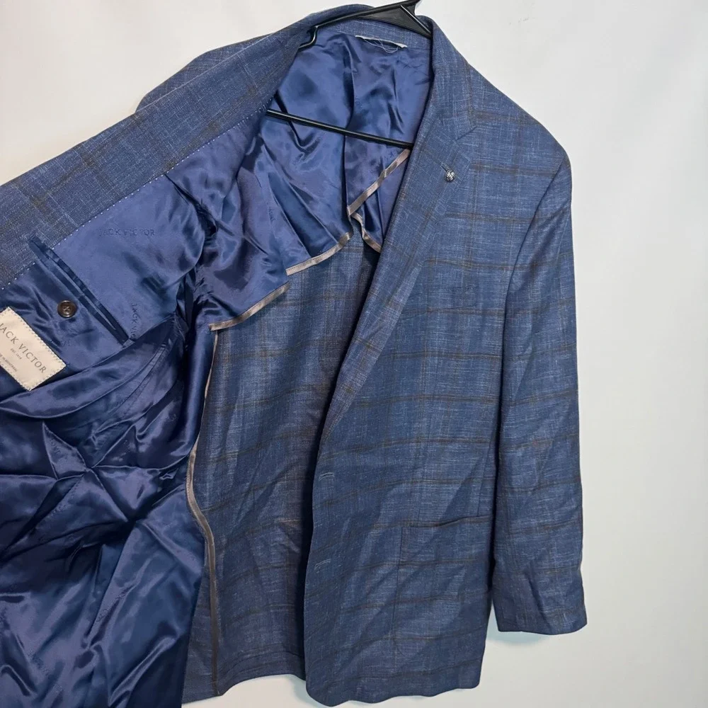 Jack Victor Hampton Loro Piana Sport Coat Mens 48R Blue Plaid Wool Silk Linen